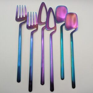 Rainbow Iridescent Flatware Set for 2 Oil Slick Modern Offset Handle Silverware